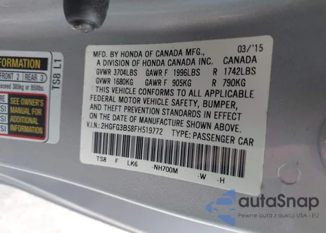 2015 Honda Civic Lx из США, поврежденный, VIN 2HGFG3B58FH519772